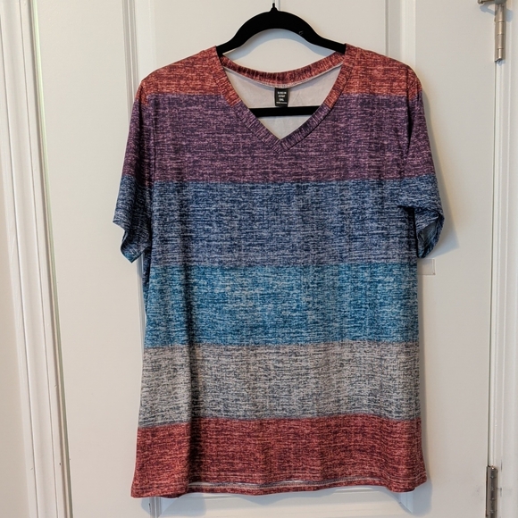 SHEIN Tops - Shein Women's Multicolor Striped Short Sleeve V-Neck Tee